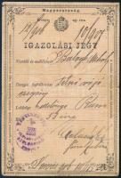 1906 Igazolási jegy teknővájó czigány részére, Rum (Vas m.), Vasvári járási szolgabírói bélyegzővel, 30 fillér okmánybélyeggel, lapszéli apró szakadásokkal, hajtásnyommal