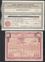 4 darabos külföldi részvény tétel berakókban, közte "Caisse Commune des Porteur" ,"7-...