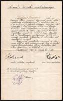 1919 Szociális termelés népbiztossága, mentesítés rekvirálás alól postai alkalmazott részére, Soproni Posta és Távirda Igazgatóság bélyegzővel, nyomtatott aláírásokkal, fejléces papíron, hajtásnyommal, kisebb lapszéli szakadással