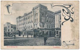 1907 Temesvár, Timisoara; Szent György tér, Kossak József, Farber üzlete, Első magyar általános biztosító társaság, Schenk F. kávéháza. Divald Károly 1906-761. / square, shops, insurance company, cafe. Art Nouveau (apró lyuk / tiny pinhole)