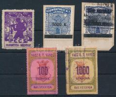 1921-1924 5 db klf városi okirati bélyeg, Pécs, Szombathely és Vácz (21.000)
