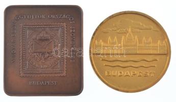 ~1990. Magyar Bélyeggyűjtők Országos Szövetsége - Budapest / Bélyegkiállítás 2kr-os, levélboríték rajzú bélyeget ábrázoló bronz emlékérem, gravírozás nélkül (40,5x46,5mm) + DN Budapest / Res Cacib aranyozott bronz emlékérem, rátét nélkül (ragasztónyom) (41,5mm) T:1-,2