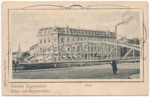 1901 Nagyvárad, Oradea; Hídfő, Nemes Mihály és Neumann M. üzlete. Helyfi László kiadása / bridge, shops. Art Nouveau (EK)