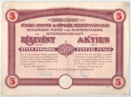 Budapest 1942. Fémáru-, Fegyver- és Gépgyár Részvénytársaság öt részvénye egyben, egyenként 50P-ről, német és magyar nyelven, szárazpecséttel, vízjeles papíron, szelvényekkel T:III sarokhajlás, folt