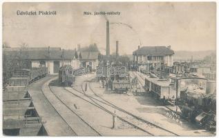 1912 Piski, Simeria; MÁV javító műhelye, gyár vasútállomásnál. Adler fényirda 440. / repair workshop of the Hungarian State Railways with trains (factory), railway station