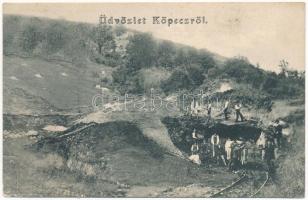 Köpec, Capeni (Barót, Baraolt); bánya bejárata, bányászok csillével, iparvasút / mine entry, miners with mine cart, industrial railway (fa)