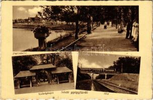 1942 Nyíregyháza, Sóstó gyógyfürdő, park, Székely kapu, vasúti híd vonattal