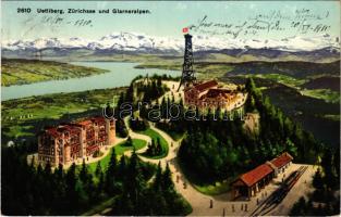 1910 Uetliberg, Zürichsee und Glarneralpen / railway station, train