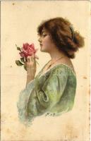 1918 Hölgy virággal / lady with flower. litho