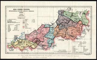 cca 1925 Arad-Csanád-Torontál közigazgatásilag egyelőre egyesített vármégyék térképe a választókerületekkel 40x25 cm