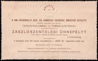 cca 1890 A Hódmezővásárhelyi Ács- és Kőműves Segédek Önképző Egylete zászlószentelésre szóló dombornyomott meghívó 17x11 cm