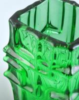 Vladislav Urban retró design zöld üveg váza, jelzés nélkül, hibátlan, 14 cm cm