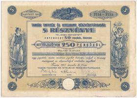 Tamási 1941. "Tamási Takarék és Hitelbank Részvénytársaság" 5 részvénye összesen 250P-ről szárazpecséttel, szelvényekkel T:II-