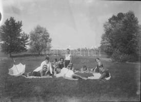 Parkban piknikező, napozó hölgyek és urak társasága, vintage üvegnegatív, 18x13 cm