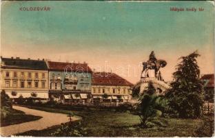 1911 Kolozsvár, Cluj; Mátyás király tér és szobor, Takarék betétek, Erdélyi bank, drogéria. Menza kiadása / square and statue, shops, drugstore (EK)