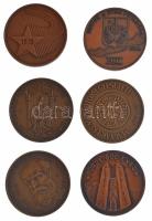 6 darabos bronz emlékérem tétel, közte "Siófok a nyár fővárosa", "MÉE Szombathely", "Batthyány Lajos", "Türje 800 éves" (42mm) T:1-,2