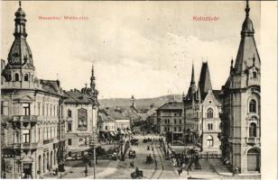 Kolozsvár, Cluj; Wesselényi Miklós utca, híd, Baktay üzlete. Schuster Emil kiadása / street view, bridge, shops