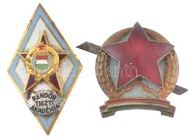 1970-1980. Rendőrtiszti Akadémia rátétes zománcozott tombak sapkajelvény (41x26mm) + rendőrségi, zománcos és műgyantás Cu sapkajelvény (35x27mm) T:1-,2