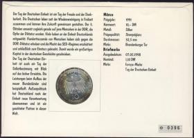 NSZK 1991. 10M Ag "A brandenburgi kapu" érmés borítékon elsőnapi bélyegzős bélyeggel, háto...