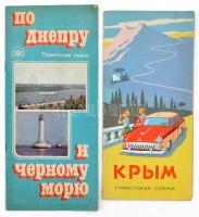 1965-1979 Krím, a Dnyeper és a Fekete-tenger, 2 db idegenforgalmi, turisztikai prospektus/térkép, orosz nyelvű, az egyik kihajtható