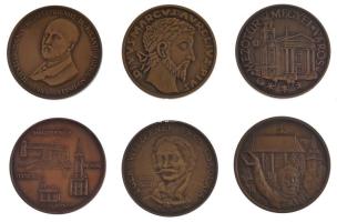6 darabos bronz emlékérem tétel, közte Eger vitézeknek ékes oskolája, Mosonmagyaróvár, Mezőtúr megyei város (42mm) T:1-