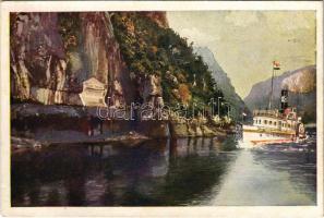 Orsova, Kazán-szoros, &quot;Margit&quot; termesgőzös, oldalkerekes gőzhajó. MFTR Művészlevelzőlap / &quot;Margit&quot; Hungarian sidewheeler passenger steamer, Cazane Gorge, Tabula Trajana - képeslapfüzetből / from postcard booklet