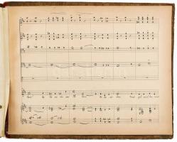 cca 1900 Hochzeitslied / lakodalmi dal, kézzel írt régi kotta, a borító belső oldalán ajándékozási sorokkal, sérült, ragasztott kötésben