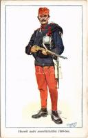Honvéd nyári menetöltözetben 1869-ben. Honvédség története 1868-1918 / Austro-Hungarian K.u.K. military art postcard, uniform s: Garay (EK)