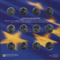 Európai Unió 1999-2002. 1€ 12 tagállam klf érméi + USA 2002. 1/2$ "50 állam" 5klf állam érméi közös kiadású szettben "A dollár és az euró" T:1