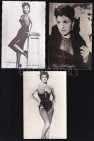 cca 1950-1960 Gina Lollobrigida (1927-2023) olasz színésznő, énekesnő, 3 db fotólap, az egyiken törésnyomok, 14x9 cm