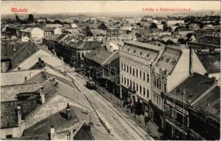 1910 Miskolc, Látkép a Széchenyi utcával, Neumann M., Szántó, Garai József, Benedek Adolf és Társa üzlete, villamos. Grünwald Ignác kiadása, építkezés (EK)