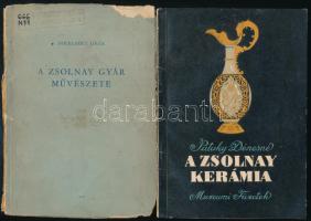 Nikelszky Géza: A Zsolnay-gyár művészete. Szerk. és bevezetővel ellátta B. Supka Magdolna. Pécs, 1959, Pécs MJ. Város Tanácsa VB. Művelődésügyi Osztálya, 86+1 p. 4 (fekete-fehér képtáblák) t. A 81. és 86 oldalak között &#039;A Zsolnay-gyár védjegyeivel&#039;. Kiadói papírkötés, sérült, részben hiányos borítóval, lapszéli sérülésekkel és szöveget nem érintő hiányokkal, régi bélyegzésekkel. Megjelent 2000 példányban. + Pataky Dénesné: A Zsolnay kerámia. Múzeumi Füzetek. Bp., 1955, Népművelési Minisztérium Múzeumi Főosztálya, 32 p. + 14 t. Fekete-fehér fotókkal illusztrált, közte a Zsolnay porcelánok jelzéseivel. Kiadói papírkötés, régi bélyegzéssel.