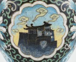 Kínia cloisonne pagodás váza, zománcozott réz, fatalpon, hibátlan, m: 22 cm