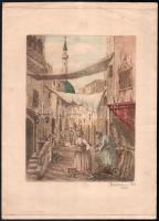 Bárkányi Pál (?-?): Közel-keleti utcakép minarettel, 1933. Színezett rézkarc, papír, jelzett, lapszéli törésekkel, 23,5x17,5 cm