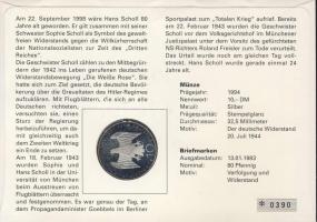 NSZK 1994. 10M Ag "Német Ellenállás" bélyeges érmés borítékon alkalmi bélyegzővel, hátolda...