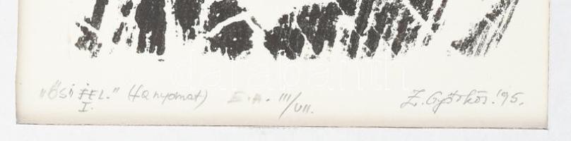 Zubovits Győrkös Erzsébet (?-): "Ősi jel I.". Fanyomat, papír, jelzett, művészpéldány E.A....