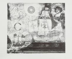 Ábrahám Rafael (1929-2014): Hajózás (Navigation) Litográfia, papír, jelzett, művészpéldány E.A. jelzéssel. Hátoldalán autográf felirattal. Paszpartuzás nyomaival a felső sarkokban. 35x40 cm.