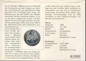 Németország 1998J 10M Ag "Westfáliai béke" bélyeges érmés borítékon elsőnapi bélyegzővel, ...