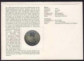 NSZK 1972. 10M Ag "Olimpia-München" bélyeges érmés borítékon elsőnapi bélyegzővel, hátolda...