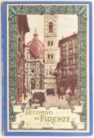 cca 1910-1920 Ricordo di Firenze. 32 vedute, fekete-fehér képekkel, panoráma képpel illusztrált leporelló, kopott borítóval.