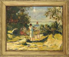 Guzsik Ödön (1902-1954): Festőnő a szabadban. Olaj, karton, jelezve jobbra lent, apró felületi sérülésekkel. Dekoratív, javított fakeretben. 40×50 cm