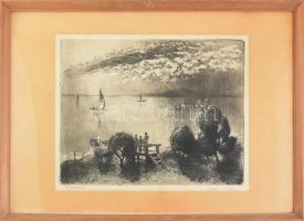 Kórusz József (1927-2010): Balatonpart. Rézkarc, papír, jelzett, üvegezett fakeretben. 30,5×38 cm