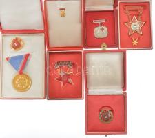 6db szocialista kitüntetés, ebből 5db tokban, közte "Kiváló Dolgozó" aranyozott, műgyantás bronz jelvény eredeti tokban, miniatűrrel + "Honvédelmi Érdemérem" aranyozott bronz kitüntetés mellszalagon, tokban T:1-,2 közte hiányos is
