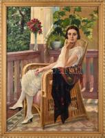 Pogány Lajos (1873-1947): Art deco hölgy portréja, 1920-as évek. olaj, vászon, jelezve jobbra lent. Kisebb felületi sérülésekkel. Dekoratív fakeretben. 80x60 cm