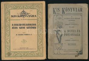 Jámbor László: A nevelés fontossága. Kis Könyvtár 26. sz. Bp.,1920. Mária-Kongregáció. Kiadói szecessziós papírkötés. + Laczika Ferenc: A család felajánlása Jézus szent szívének. Bp., 1925., "A Szív."' Kiadói kissé foltos papírkötés.