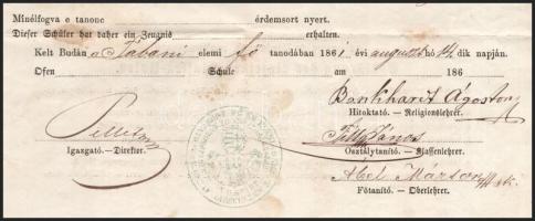 1861 Buda, a Tabáni Elemi Főtanoda iskolai bizonyítványa, aláírásokkal, pecséttel, hajtott, foltos