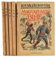 Ifjúsági Könyvtár 6-10. kötete: Sam Scoville: A vörös gyémánt; Haraszthy Ágoston: Tizenöt hét indiánok közt; Hal G. Ewarts: Villám. Egy farkaskutya regénye; Sam Scoville: A kék gyöngy; Magyar László utazása a délafrikai Bihé országba. Bécs, [1926], Danubia. A borító-illusztrációk Jeges Ernő munkái. Kiadói kartonált papírkötés, az egyik kötet gerincén sérüléssel, kiadói tékában.