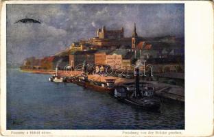 1913 Pozsony, Pressburg, Bratislava; Látkép a hídról, vár, gőzhajók / Preßburg von der Brücke gesehen / quay, steamships, castle. B.K.W.I. 386-4. s: Marx Béla (EK)