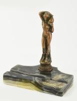Asztali figurális tolltartó, öntött bronz akt, Erdély kincse Aragonit talapzaton, kopásokkal, m: 15 cm