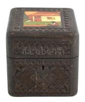 Népi szecessziós fadoboz, faragott, kézzel festett, kis kopásokkal, 10x10x10 cm